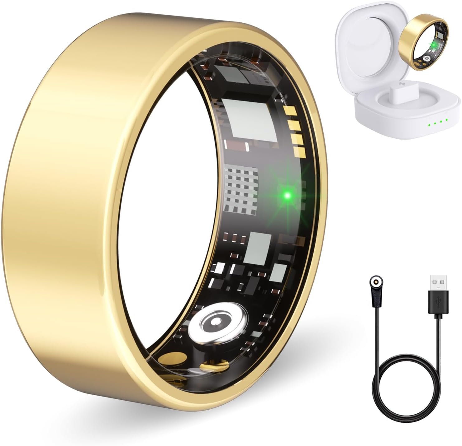 Smart Ring for Women Men Fitness Ring with Heart Rate, Blood Oxygen, Blood Pressure, Sleep Tracker, Step Tracker, IP68 Waterproof Health Ring for iOS & Android,No Subscription Fee (Gold, 8#)