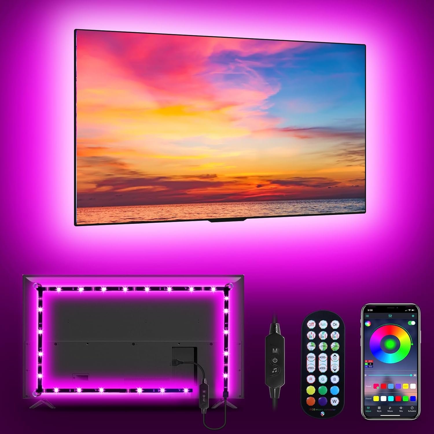 MATICOD RGB LED TV Strip USB Lights for Backlight and Behind, App Remote Control, Music Sync, Multicolor, 9.84FT for 32″-43″ TV