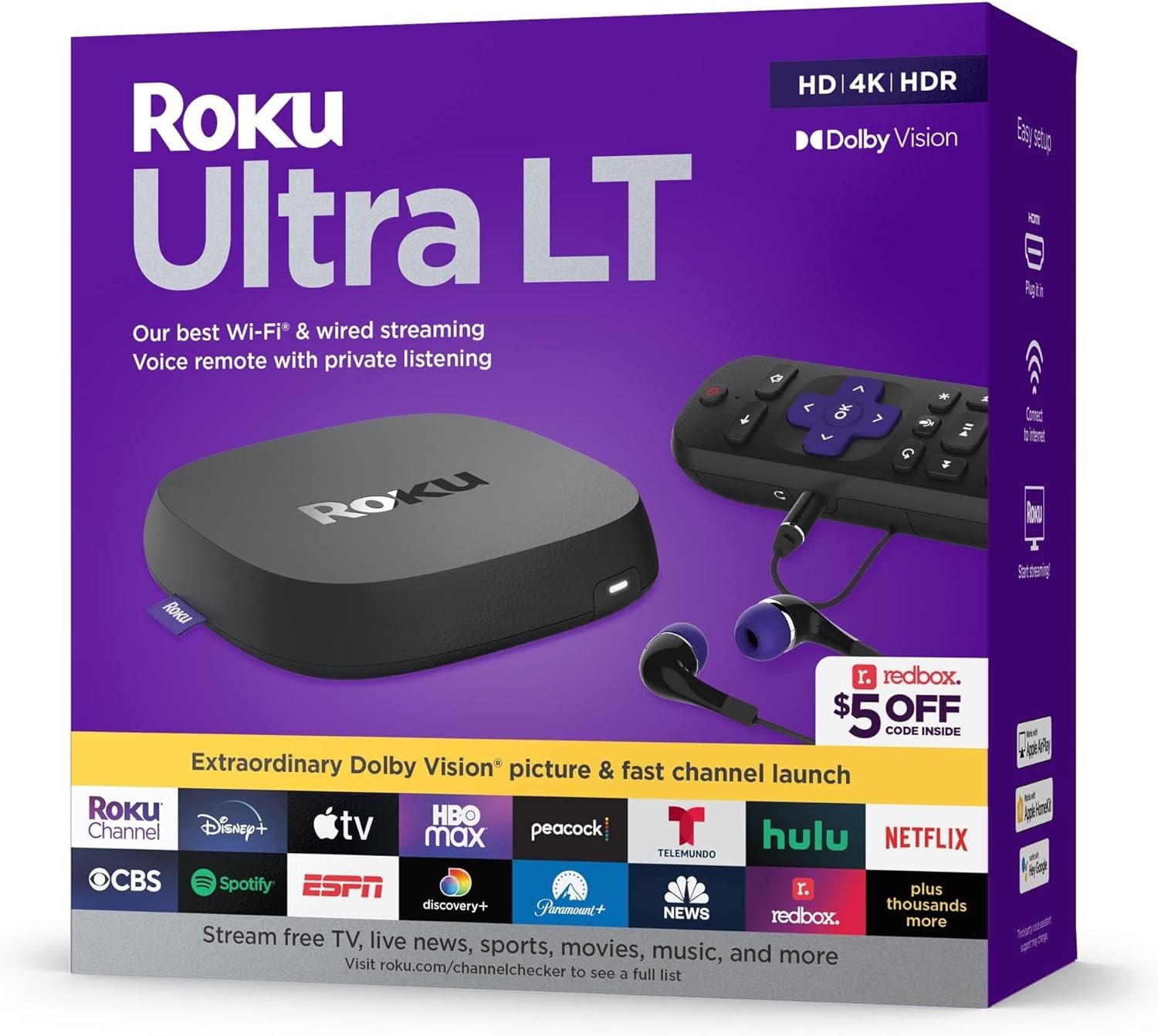 Roku Ultra LT (2023) HD/4K/HDR Dolby Vision Quad-Core Streaming Player with HDMI Cable, Headphones, Voice Remote w/ Private Listening, Ethernet