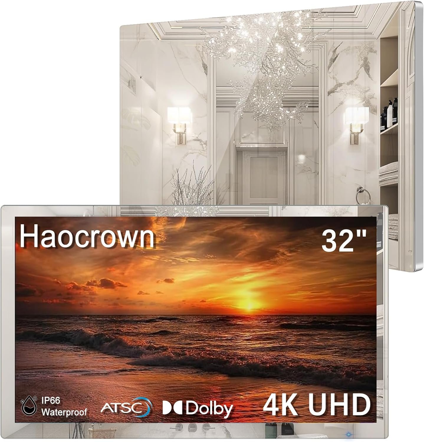 Haocrown 32″ 4K Ultra HD Smart Bathroom Mirror TV, IP66 Waterproof, Android 13 OS Built-in Voice Assistant (Remote with Mic), ATSC Tuner, 500 cd/㎡ High Brightness (Sliver Frame, 2025 Model)