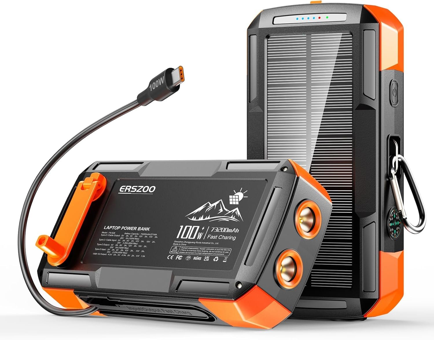 Solar Charger Power Bank 73200mAh, Portable Laptop Charger with 100W USB-C in/Output, Built-in Cables, Hand Crank Power Bank for Mobile Phones, Ideal for Outdoor Use with SOS/Strobe/Strong (orange)