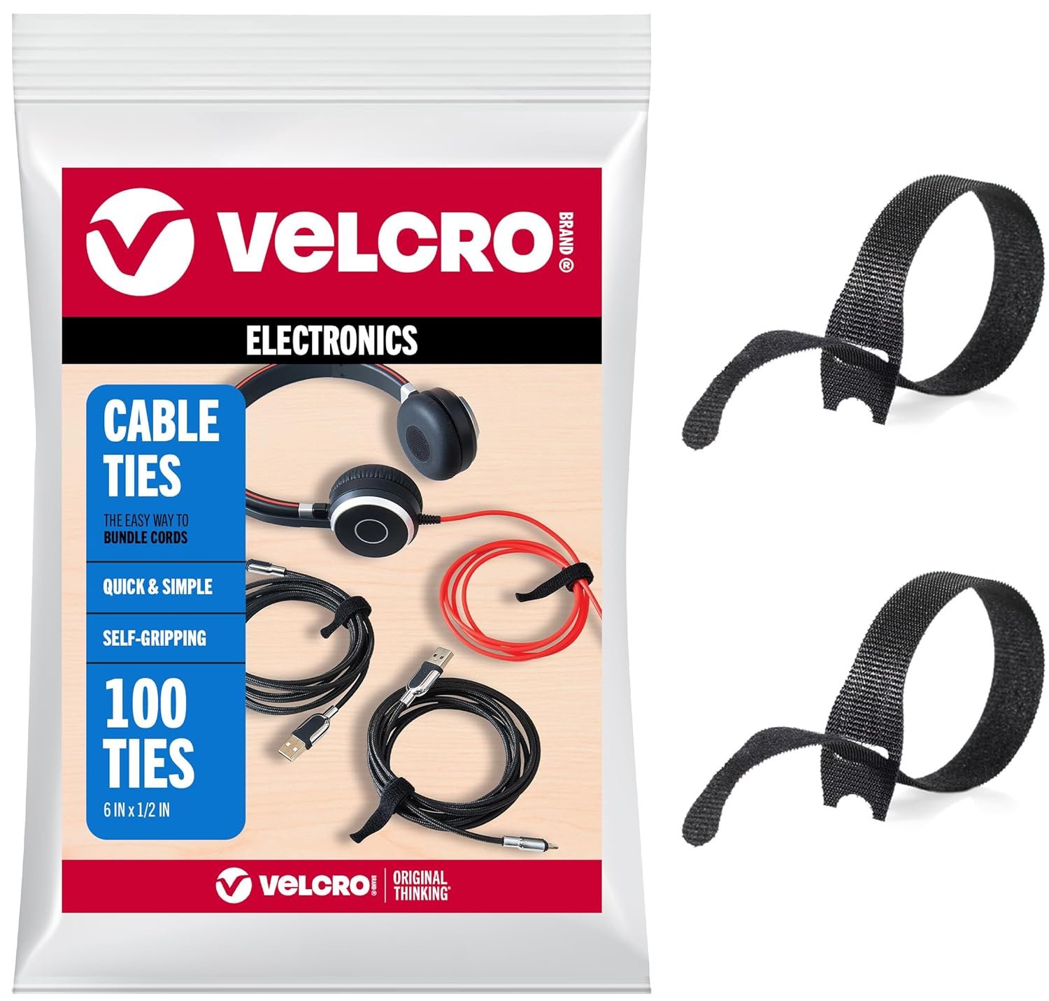 Velcro Brand Reusable Cable Ties – Mens Stocking Stuffers 2025, 100 Pack 6 Inch Cable Management Ties, Cord Wraps for Electrical Cords, Black